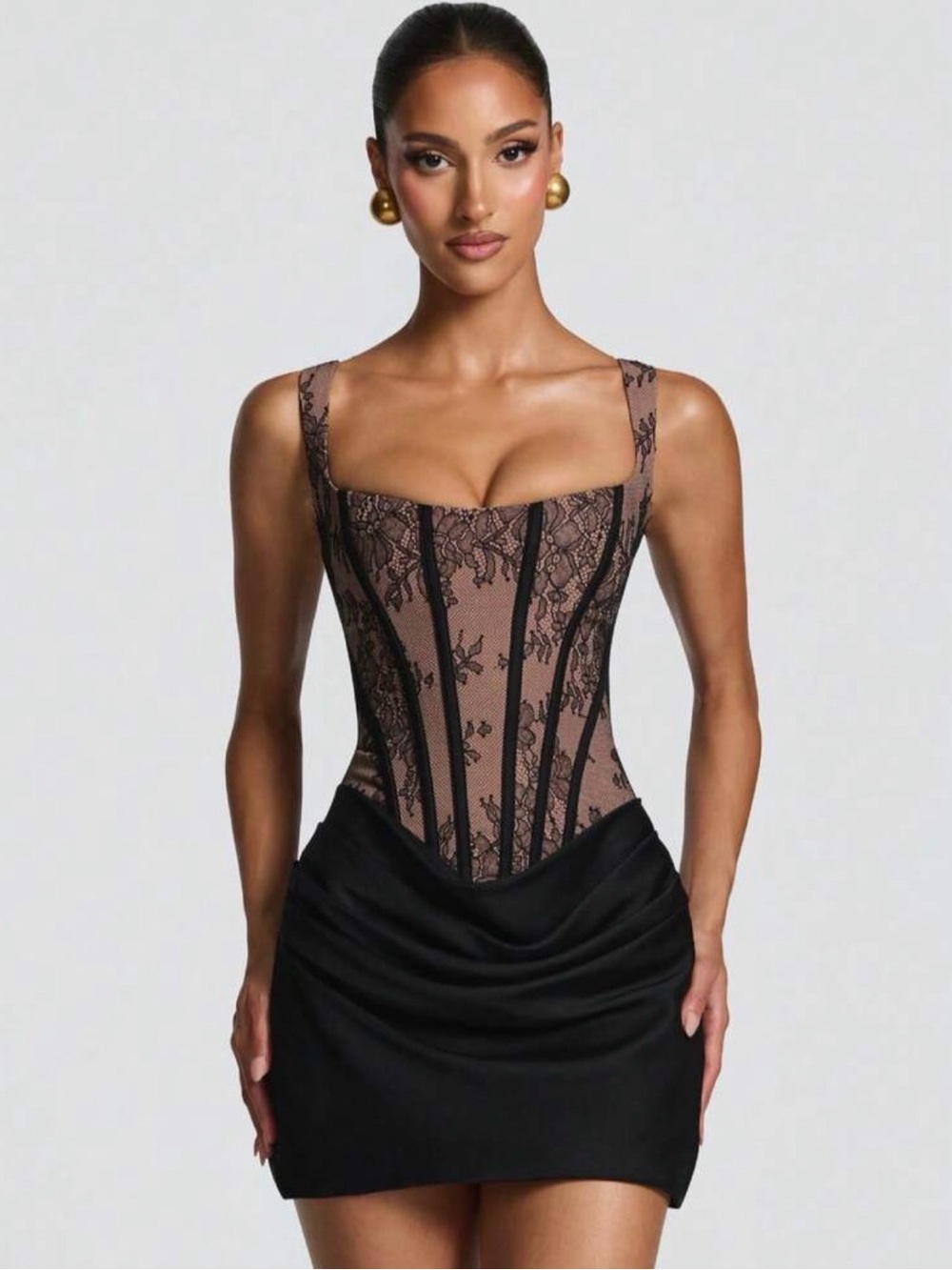 SHEIN Black Lace-Overlay Nude Corset Mini Dress